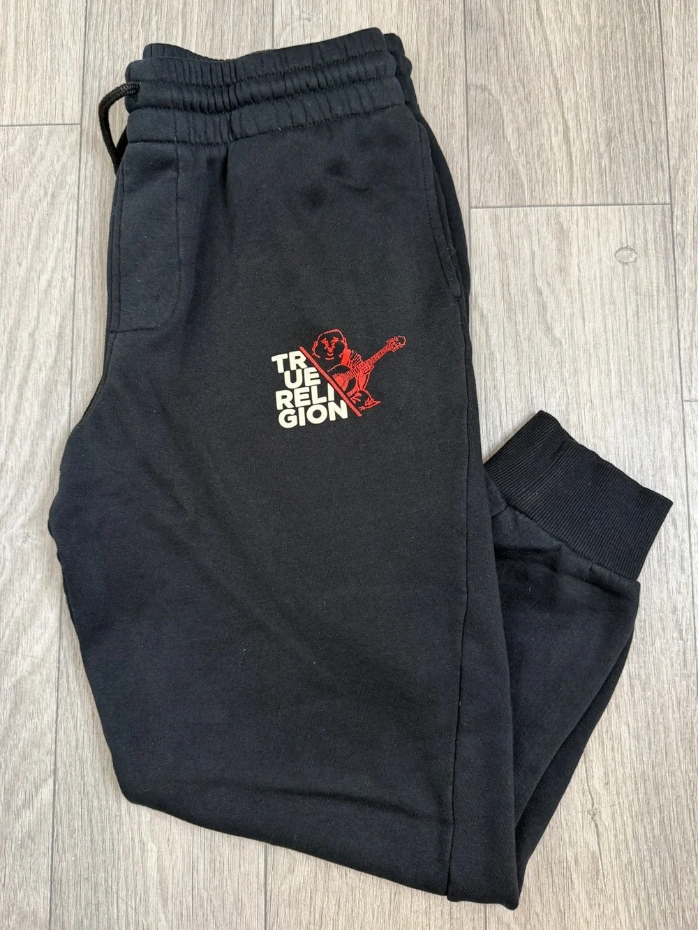 True Religion Black Logo Jogger Sweatpants Men’s S Drawstring Red Logo